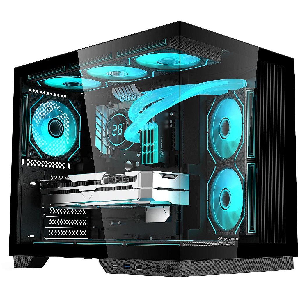 Gabinete Gamer Fortrek Clarity Max ATX Mid Tower Preto Vidro Temperado USB-C Suporte para 9 Fans