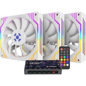 KIT c/3 Coolers ARGB + Controladora Dual Ring Branco Frosty Fortrek