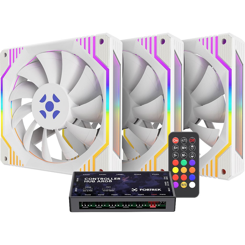 KIT c/3 Coolers ARGB + Controladora Dual Ring Branco Frosty Fortrek