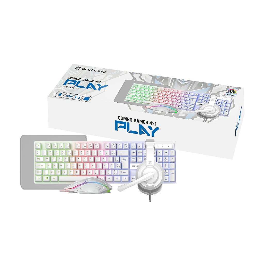 kit Gamer 4 em 1 Teclado Mouse Headset Mouse Pad Bluecase Play Branco BGHPKM-01WBX