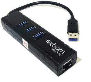 Adaptador de Rede USB 3.0 para RJ45 Gigabit 10/100/1000Mbps com Hub 3 Portas USB 3.0 Exbom UHL-300