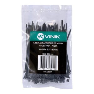Abraçadeira de Nylon Vinik 2.5x100mm Preta Pacote com 100 Unidades ANX25100P
