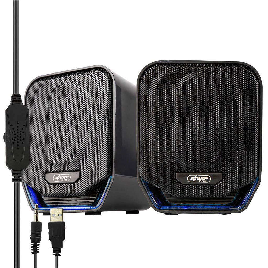 Caixa de Som Knup KP-7032 12W RMS PC Notebook Conexão P2 USB LED Azul
