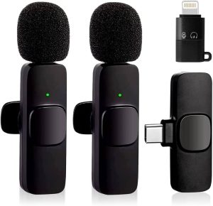 Microfone de Lapela Duplo Sem Fio Tomate MT-2217 com Receptor Tipo C e Adaptador Lightning para iPhone