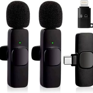 Microfone de Lapela Duplo Sem Fio Tomate MT-2217 com Receptor Tipo C e Adaptador Lightning para iPhone