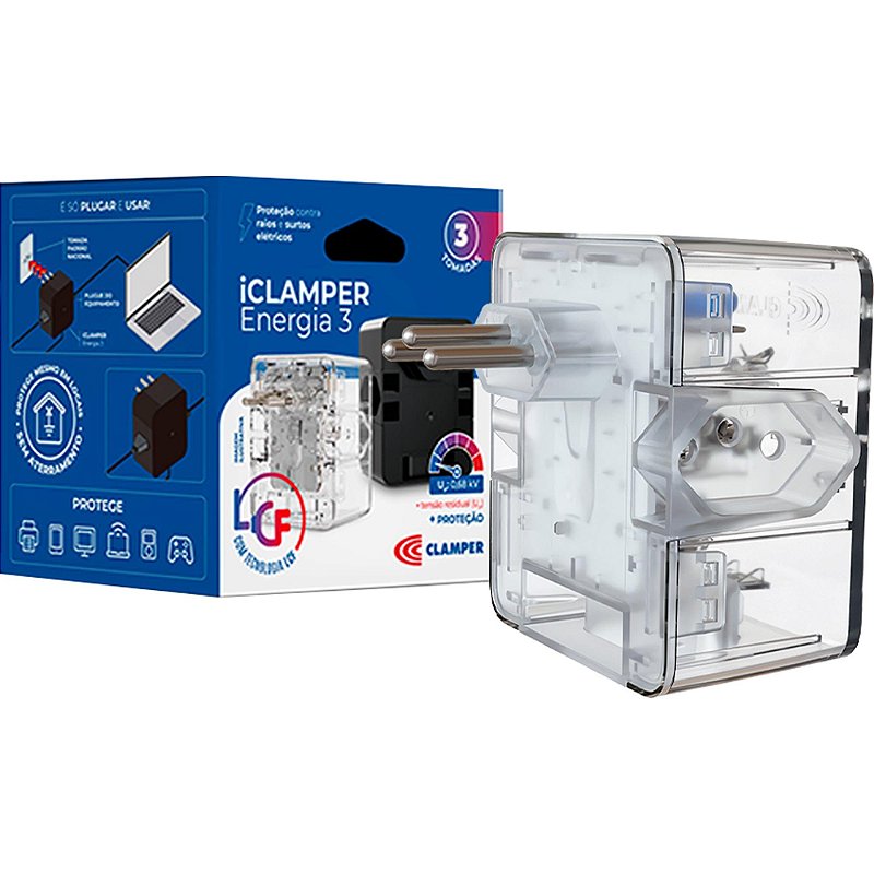Protetor de Surto DPS Clamper iClamper 3 Tomadas 10A Bivolt 127/220V Transparente NBR 14136 para Reposição - Imagem 5