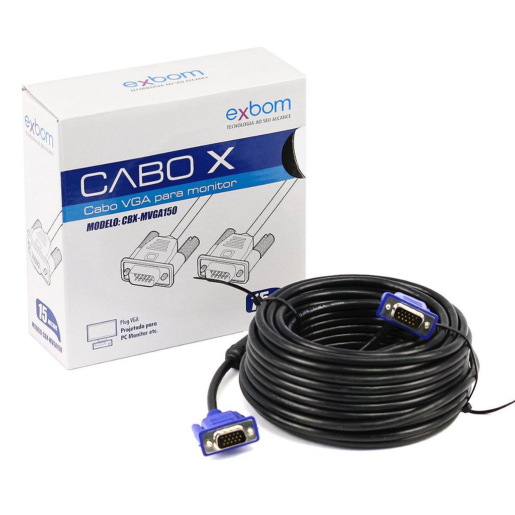 Cabo VGA Macho x Macho Exbom 15 Metros com Filtro Anti-Interferência Conector DB15 MVGA150