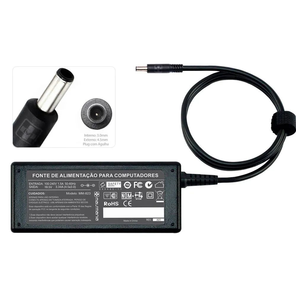 Fonte Carregador Notebook Dell 19.5V 3.34A 65W Pino Fino 4.5x3.0mm com Agulha