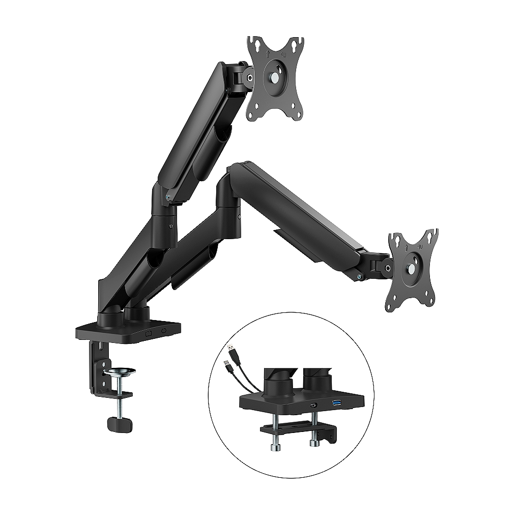 Suporte de Mesa Duplo Articulado Bluecase Ergo Flexy BSMTS02U-1B para Monitores 17-32" Pistão a Gás VESA 75/100 Hub USB-A/C Preto