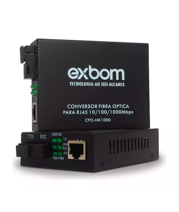Conversor de Mídia Fibra Óptica Exbom CFO-NK1000 Gigabit 10/100/1000 Monomodo WDM 5km (Par TX/RX)