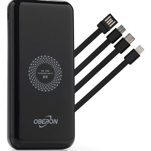 Power Bank OBERON OR-PB10 10000mAh por Indução com Cabos Lightning USB-C Micro USB Preto