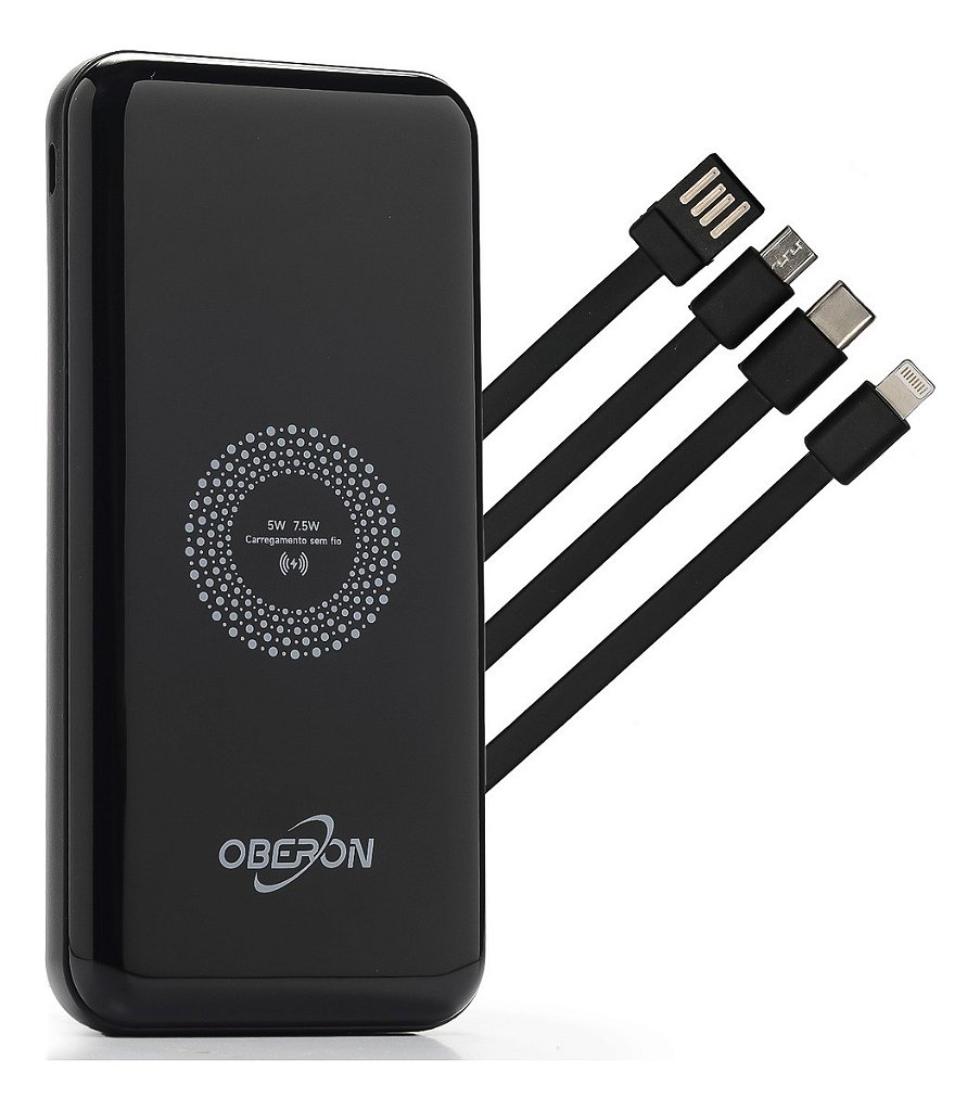 Power Bank OBERON OR-PB10 10000mAh por Indução com Cabos Lightning USB-C Micro USB Preto