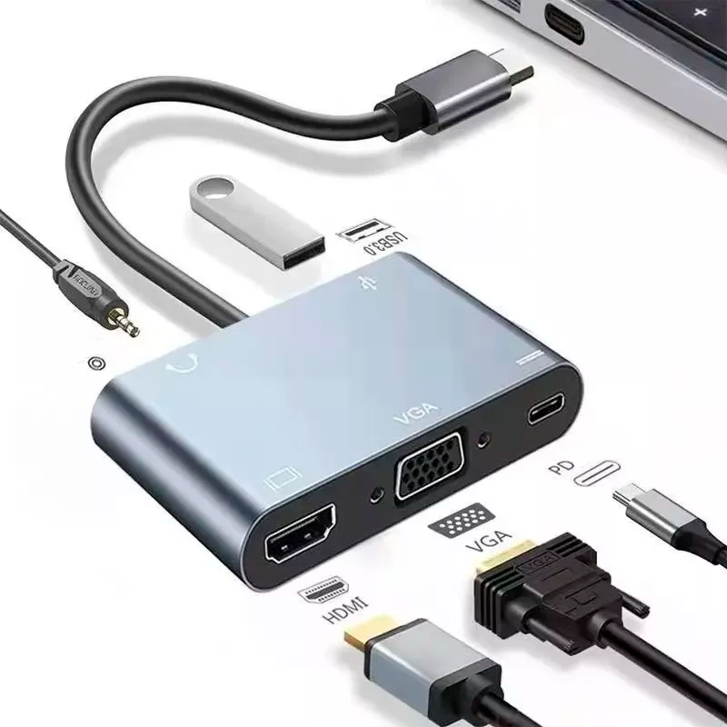 Hub Adaptador USB-C 5 em 1 Tomate MTV-617 com HDMI 4K, VGA, USB 3.0, USB-C PD e Áudio P2 - Imagem 3