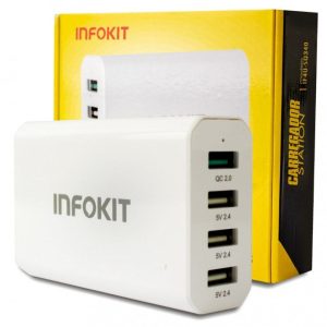 Fonte Carregador de Tomada INFOKIT UF4U-SQ340 4 Portas USB 40W Bivolt com 1x Quick Charge 2.0