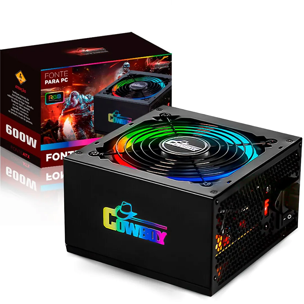 Fonte ATX 600W Cowboy KP-535GB Revenger Bivolt RGB Cooler 120mm