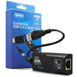Adaptador de Rede Knup KP-AD106 USB 3.0 para RJ45 Gigabit 10/100/1000 Mbps com Adaptador USB-C