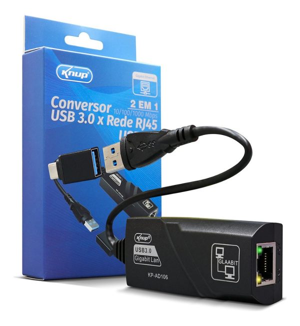 Adaptador de Rede Knup KP-AD106 USB 3.0 para RJ45 Gigabit 10/100/1000 Mbps com Adaptador USB-C