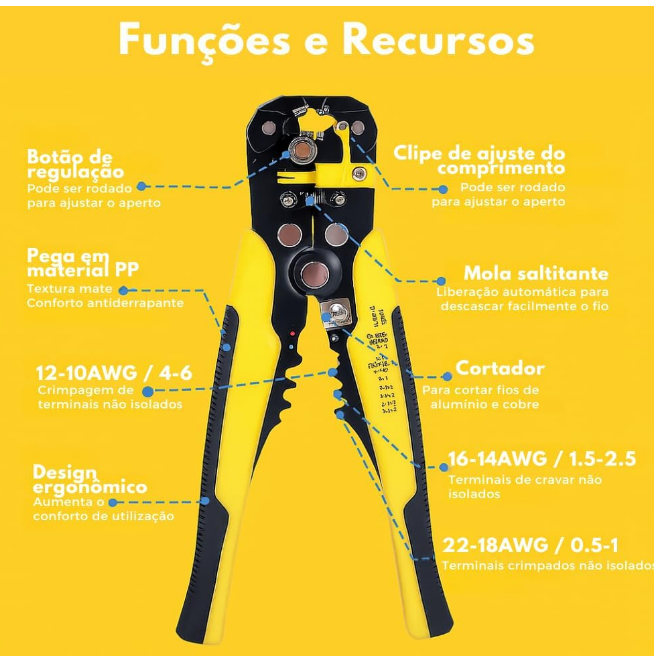 Alicate Desencapador e Crimpador Automático Vinik J371 8 Polegadas para Fios 0.2-6.0mm AWG 10-24 - Imagem 4