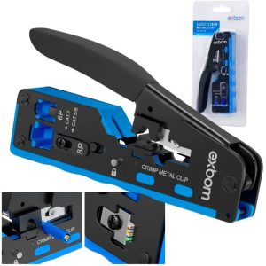 Alicate de Crimpar Profissional Exbom FRM-ACN702 para Conector RJ45 CAT7 Vazado (EZ Crimp) e RJ11/RJ12